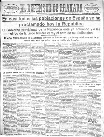 'El Defensor de Granada  : diario político independiente' - Año LII Número 27444 Ed. Tarde - 1931 Abril 14