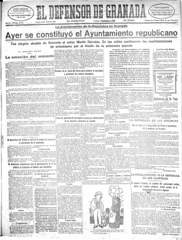 'El Defensor de Granada  : diario político independiente' - Año LII Número 27447 Ed. Mañana - 1931 Abril 16