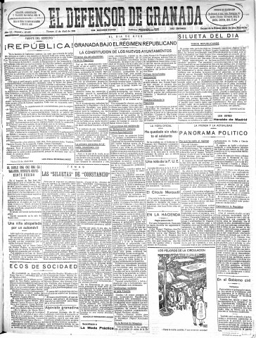 'El Defensor de Granada  : diario político independiente' - Año LII Número 27449 Ed. Mañana - 1931 Abril 17