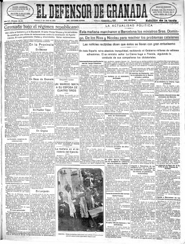 'El Defensor de Granada  : diario político independiente' - Año LII Número 27450 Ed. Tarde - 1931 Abril 17