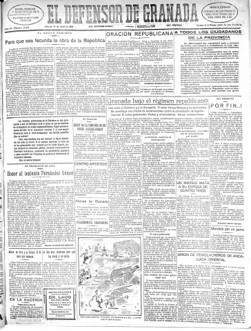 'El Defensor de Granada  : diario político independiente' - Año LII Número 27451 Ed. Mañana - 1931 Abril 18