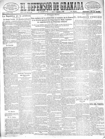 'El Defensor de Granada  : diario político independiente' - Año LII Número 27456 Ed. Tarde - 1931 Abril 21