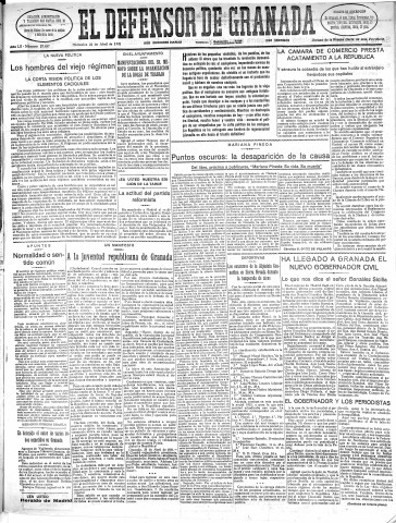 'El Defensor de Granada  : diario político independiente' - Año LII Número 27457 Ed. Mañana - 1931 Abril 22