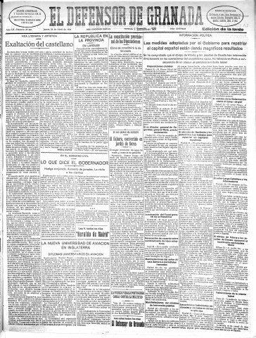 'El Defensor de Granada  : diario político independiente' - Año LII Número 27460 Ed. Tarde - 1931 Abril 23