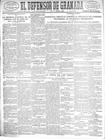'El Defensor de Granada  : diario político independiente' - Año LII Número 27466 Ed. Tarde - 1931 Abril 27