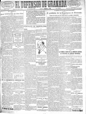 'El Defensor de Granada  : diario político independiente' - Año LII Número 27467 Ed. Mañana - 1931 Abril 28
