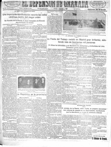 'El Defensor de Granada  : diario político independiente' - Año LII Número 27474 Ed. Tarde - 1931 Mayo 02