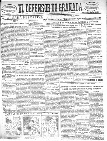 'El Defensor de Granada  : diario político independiente' - Año LII Número 27476 Ed. Tarde - 1931 Mayo 04