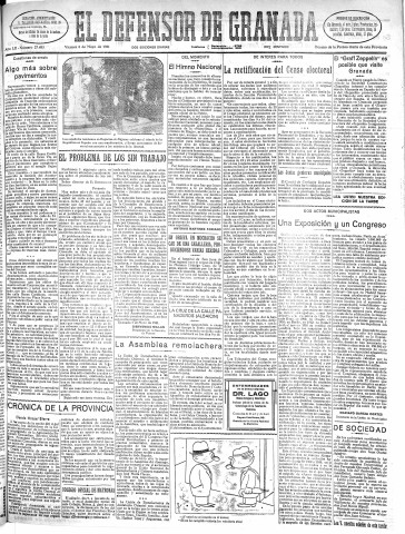 'El Defensor de Granada  : diario político independiente' - Año LII Número 27483 Ed. Mañana - 1931 Mayo 08