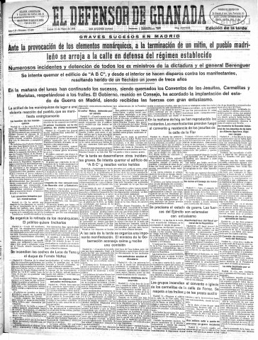 'El Defensor de Granada  : diario político independiente' - Año LII Número 27488 Ed. Tarde - 1931 Mayo 11