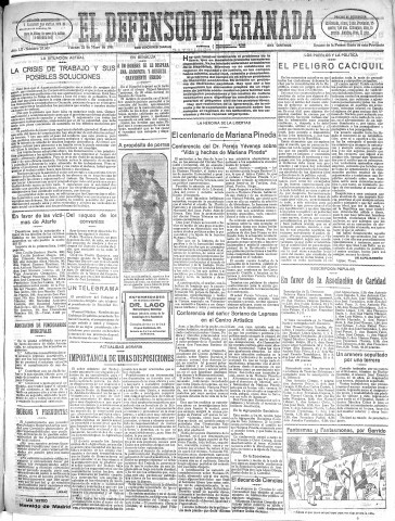 'El Defensor de Granada  : diario político independiente' - Año LII Número 27507 Ed. Mañana - 1931 Mayo 22