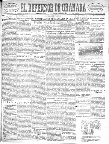 'El Defensor de Granada  : diario político independiente' - Año LII Número 27509 Ed. Mañana - 1931 Mayo 23