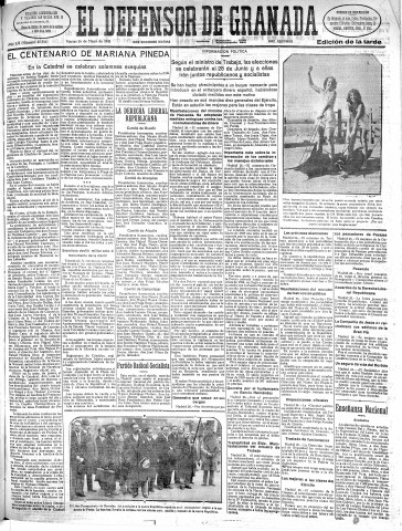 'El Defensor de Granada  : diario político independiente' - Año LII Número 27514 Ed. Tarde - 1931 Mayo 26