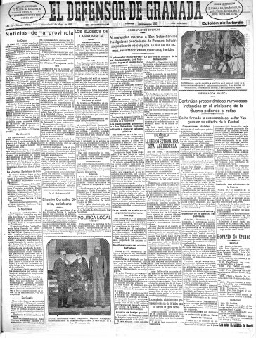 'El Defensor de Granada  : diario político independiente' - Año LII Número 27516 Ed. Tarde - 1931 Mayo 27