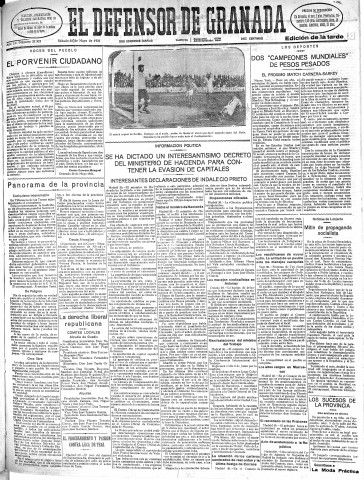 'El Defensor de Granada  : diario político independiente' - Año LII Número 27522 Ed. Tarde - 1931 Mayo 30