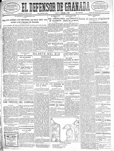 'El Defensor de Granada  : diario político independiente' - Año LII Número 27523 Ed. Mañana - 1931 Mayo 31