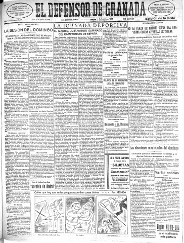 'El Defensor de Granada  : diario político independiente' - Año LII Número 27524 Ed. Tarde - 1931 Junio 01