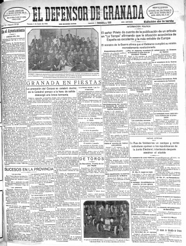 'El Defensor de Granada  : diario político independiente' - Año LII Número 27529 Ed. Tarde - 1931 Junio 05