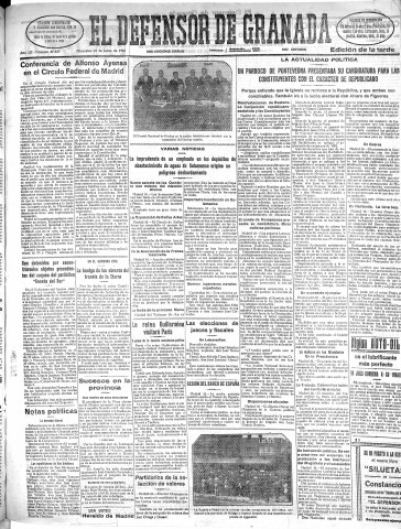'El Defensor de Granada  : diario político independiente' - Año LII Número 27537 Ed. Tarde - 1931 Junio 10
