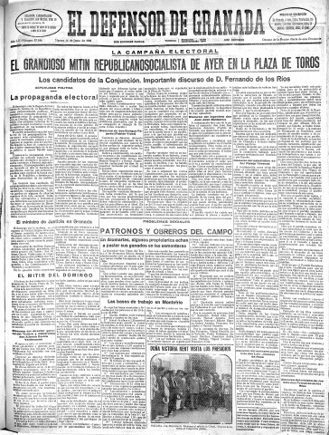 'El Defensor de Granada  : diario político independiente' - Año LII Número 27546 Ed. Mañana - 1931 Junio 16