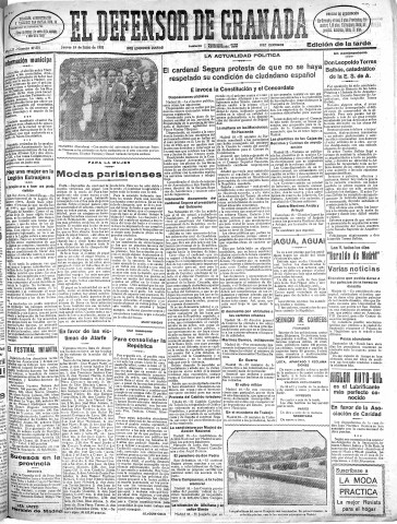 'El Defensor de Granada  : diario político independiente' - Año LII Número 27551 Ed. Tarde - 1931 Junio 18