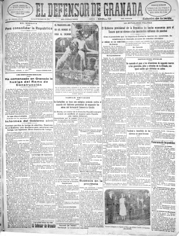 'El Defensor de Granada  : diario político independiente' - Año LII Número 27563 Ed. Tarde - 1931 Junio 25