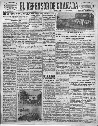 'El Defensor de Granada  : diario político independiente' - Año LII Número 27584 Ed. Tarde - 1931 Julio 08