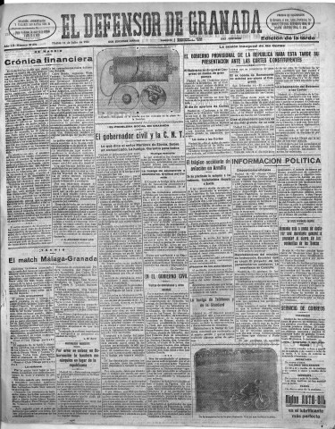 'El Defensor de Granada  : diario político independiente' - Año LII Número 27594 Ed. Tarde - 1931 Julio 14