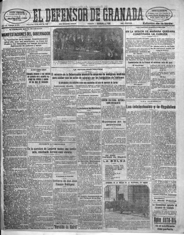 'El Defensor de Granada  : diario político independiente' - Año LII Número 27596 Ed. Tarde - 1931 Julio 15