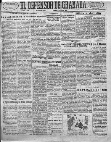 'El Defensor de Granada  : diario político independiente' - Año LII Número 27597 Ed. Mañana - 1931 Julio 16