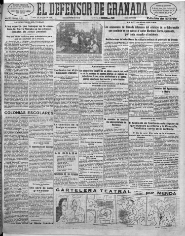 'El Defensor de Granada  : diario político independiente' - Año LII Número 27604 Ed. Tarde - 1931 Julio 20
