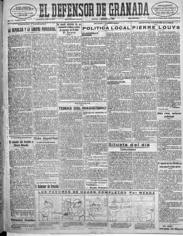 'El Defensor de Granada  : diario político independiente' - Año LII Número 27621 Ed. Mañana - 1931 Julio 30
