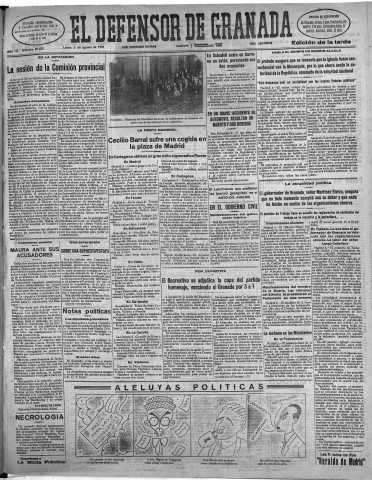'El Defensor de Granada  : diario político independiente' - Año LII Número 27628 Ed. Tarde - 1931 Agosto 03