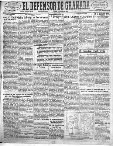 'El Defensor de Granada  : diario político independiente' - Año LII Número 27647 Ed. Mañana - 1931 Agosto 14