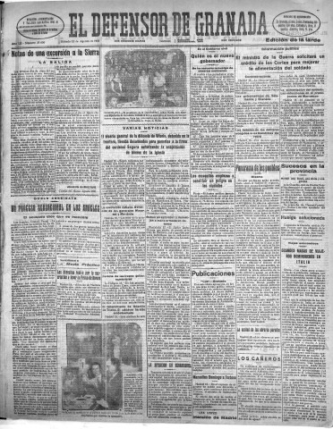 'El Defensor de Granada  : diario político independiente' - Año LII Número 27650 Ed. Tarde - 1931 Agosto 15