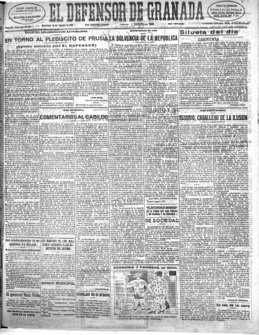 'El Defensor de Granada  : diario político independiente' - Año LII Número 27651 Ed. Mañana - 1931 Agosto 16