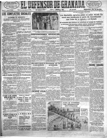 'El Defensor de Granada  : diario político independiente' - Año LII Número 27656 Ed. Tarde - 1931 Agosto 19