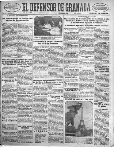 'El Defensor de Granada  : diario político independiente' - Año LII Número 27658 Ed. Tarde - 1931 Agosto 20