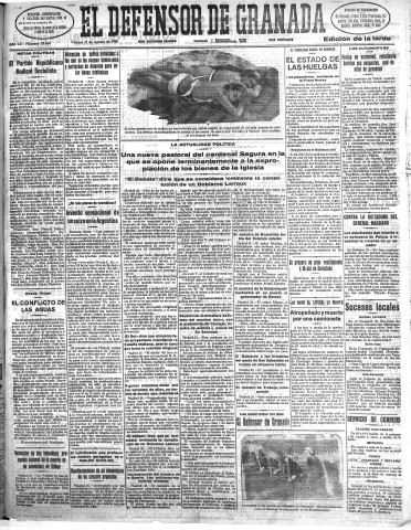 'El Defensor de Granada  : diario político independiente' - Año LII Número 27660 Ed. Tarde - 1931 Agosto 21