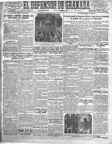 'El Defensor de Granada  : diario político independiente' - Año LII Número 27664 Ed. Tarde - 1931 Agosto 24
