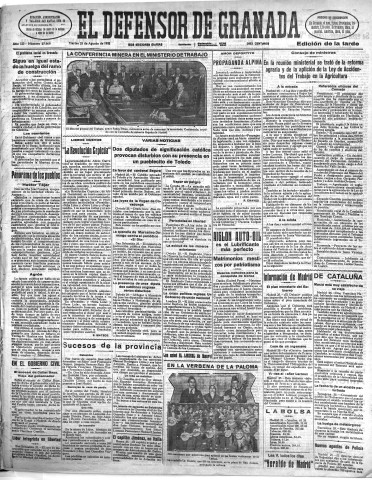'El Defensor de Granada  : diario político independiente' - Año LII Número 27666 Ed. Tarde - 1931 Agosto 25