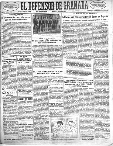'El Defensor de Granada  : diario político independiente' - Año LII Número 27669 Ed. Mañana - 1931 Agosto 27