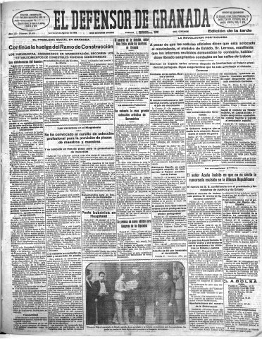 'El Defensor de Granada  : diario político independiente' - Año LII Número 27670 Ed. Tarde - 1931 Agosto 27