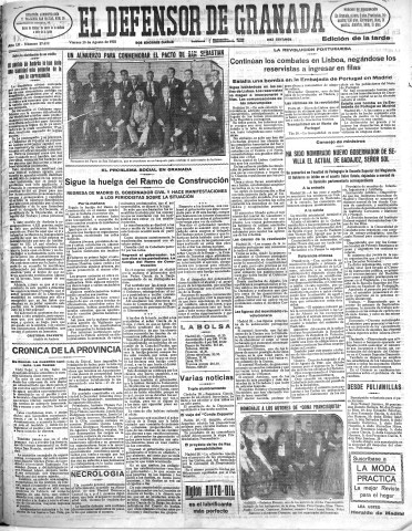 'El Defensor de Granada  : diario político independiente' - Año LII Número 27672 Ed. Tarde - 1931 Agosto 28