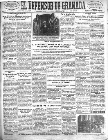 'El Defensor de Granada  : diario político independiente' - Año LII Número 27674 Ed. Tarde - 1931 Agosto 29