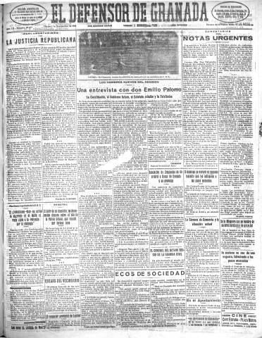 'El Defensor de Granada  : diario político independiente' - Año LII Número 27677 Ed. Mañana - 1931 Septiembre 01