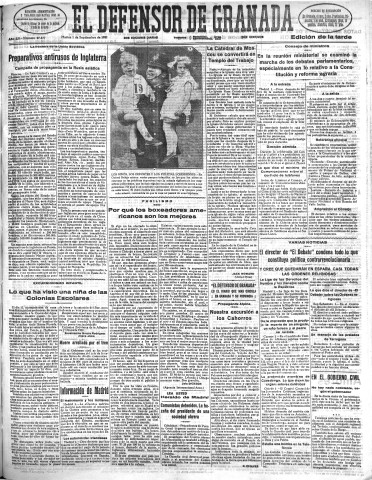 'El Defensor de Granada  : diario político independiente' - Año LII Número 27677 Ed. Tarde - 1931 Septiembre 01
