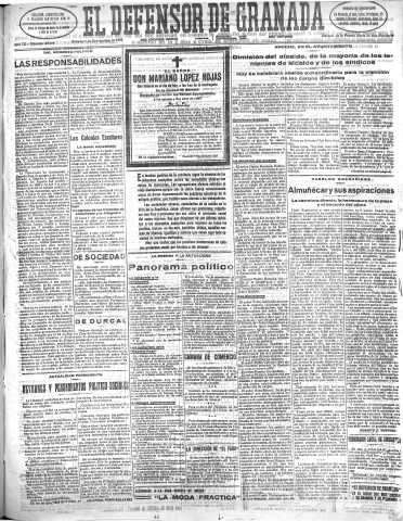 'El Defensor de Granada  : diario político independiente' - Año LII Número 27684 Ed. Mañana - 1931 Septiembre 05
