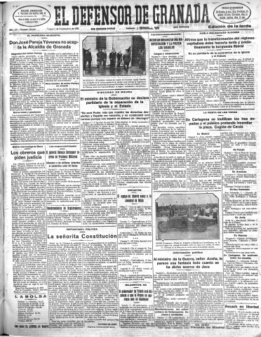 'El Defensor de Granada  : diario político independiente' - Año LII Número 27687 Ed. Tarde - 1931 Septiembre 07