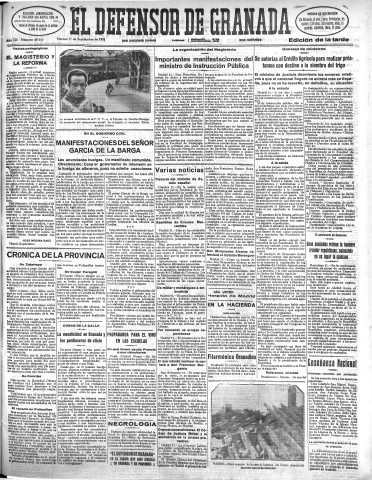 'El Defensor de Granada  : diario político independiente' - Año LII Número 27713 Ed. Tarde - 1931 Septiembre 11